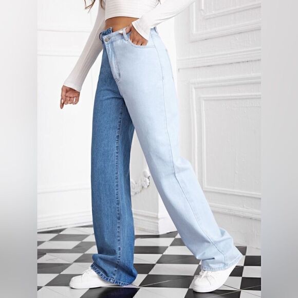 Trendy Shein High Waist Two-Tone Wide Leg Jeans - Picture 4 of 6
